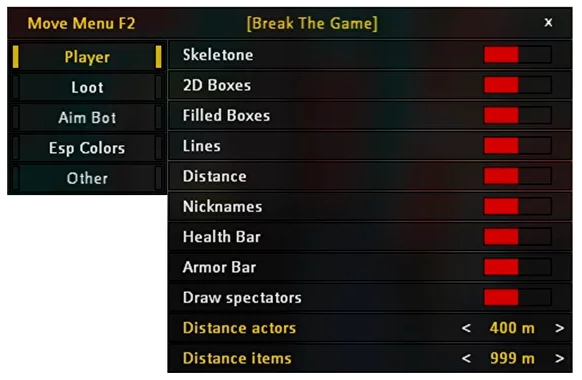BTG cheat for Apex Legends - menu interface screenshot