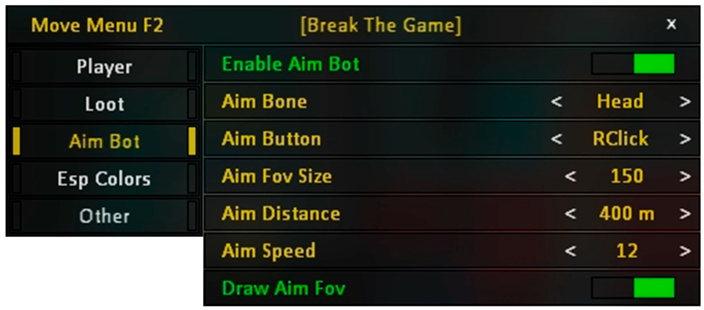 BTG cheat for Apex Legends - AimBot settings screenshot